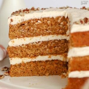 Closeup of three layer carrot cake