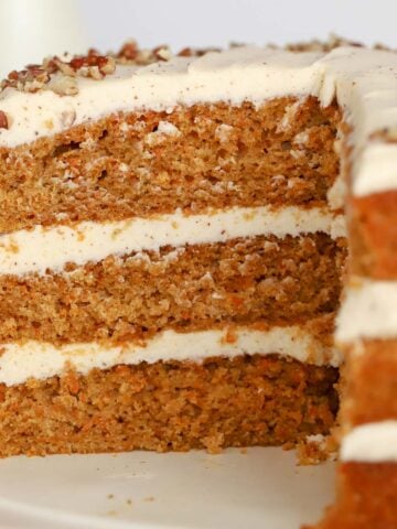 Closeup of three layer carrot cake