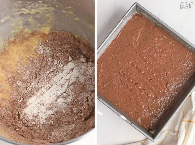 Cake batter in a mixing bowl and in a square baking pan.