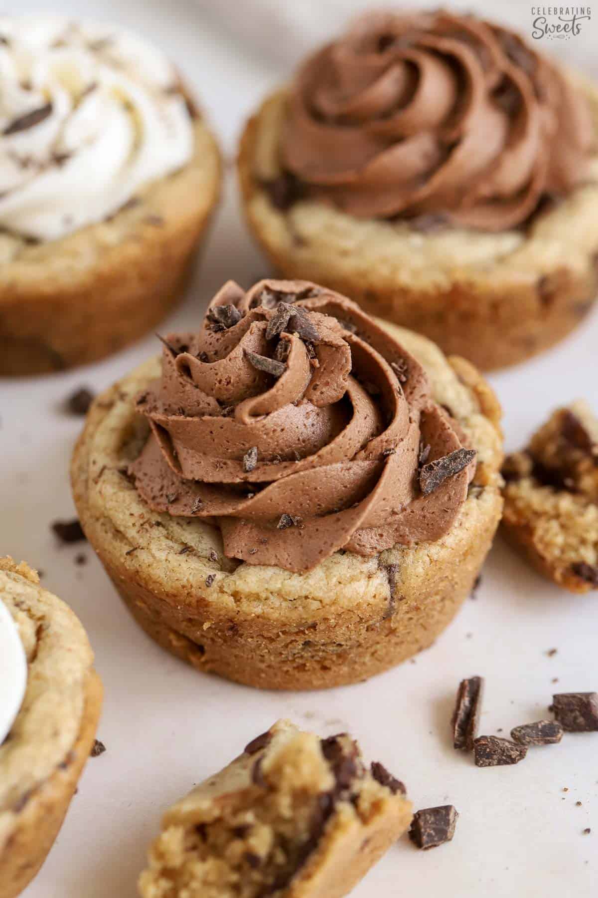 Chocolate chip cookie cup topped with chocolate frosting.