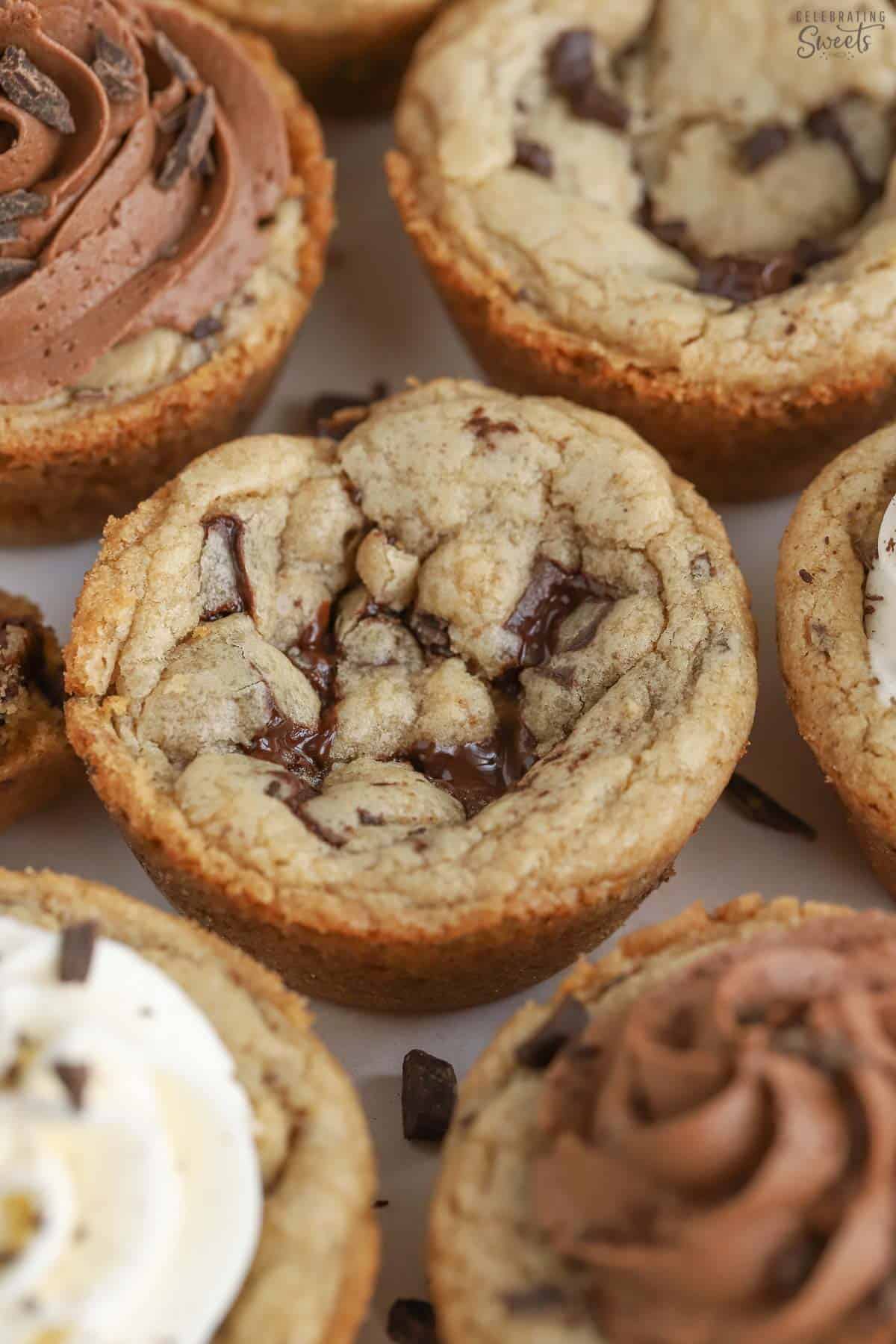 Closeup of chocolate chip cookie cups.