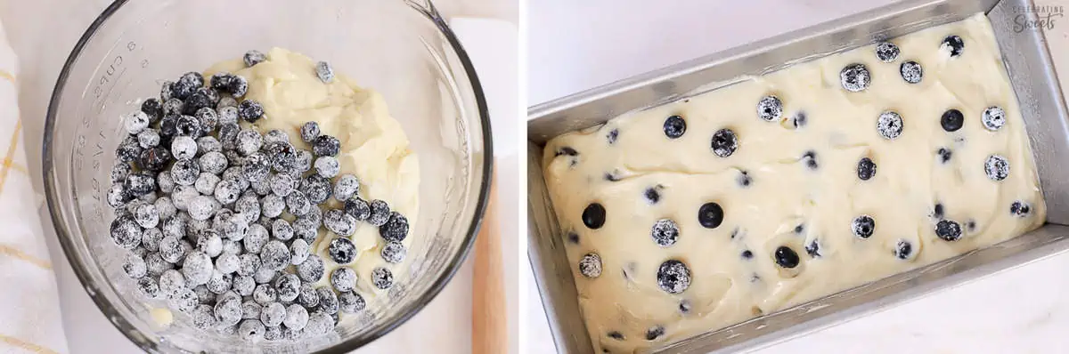 Lemon blueberry bread batter in a glass bowl and a loaf pan.