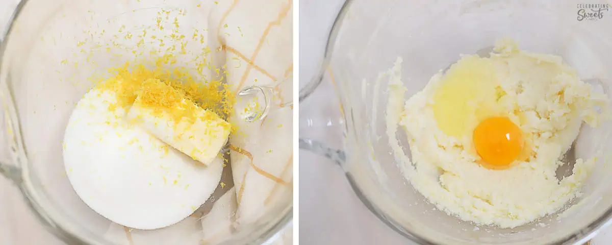 Sugar, butter, eggs in a glass mixing bowl.