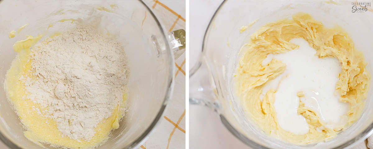 Lemon bread batter in a glass mixing bowl.