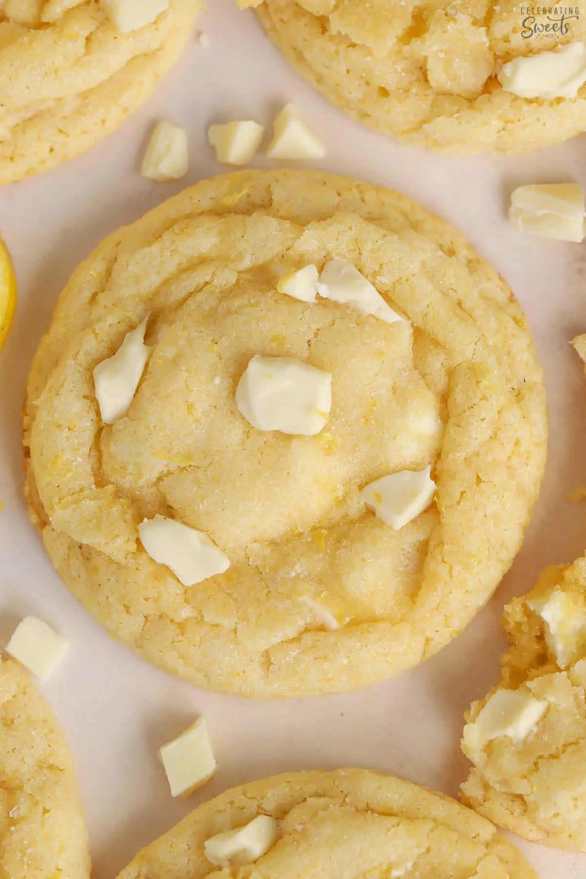 Lemon cookie topped with white chocolate chunks.