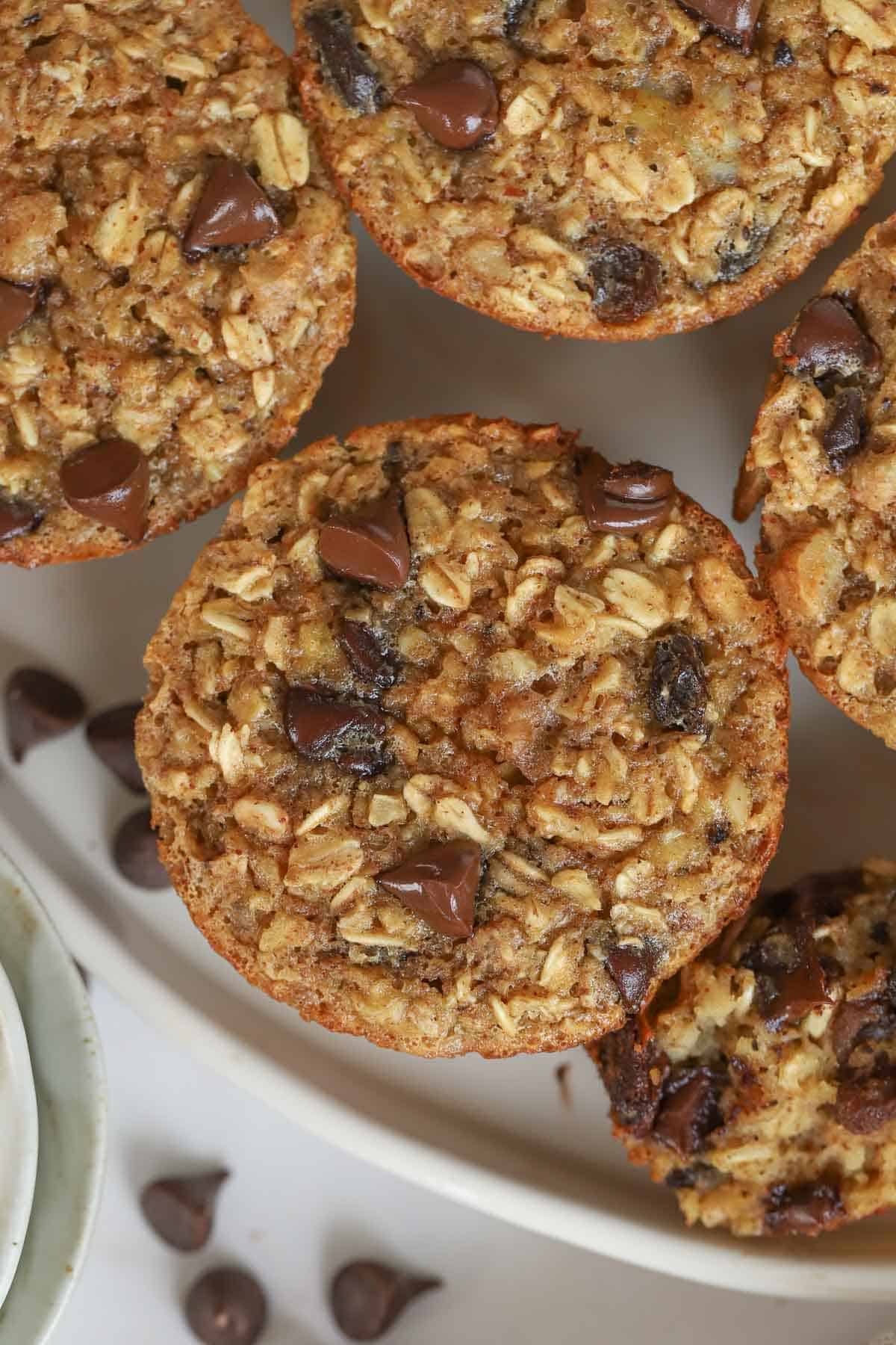 Baked oatmeal cup with raisins and chocolate.
