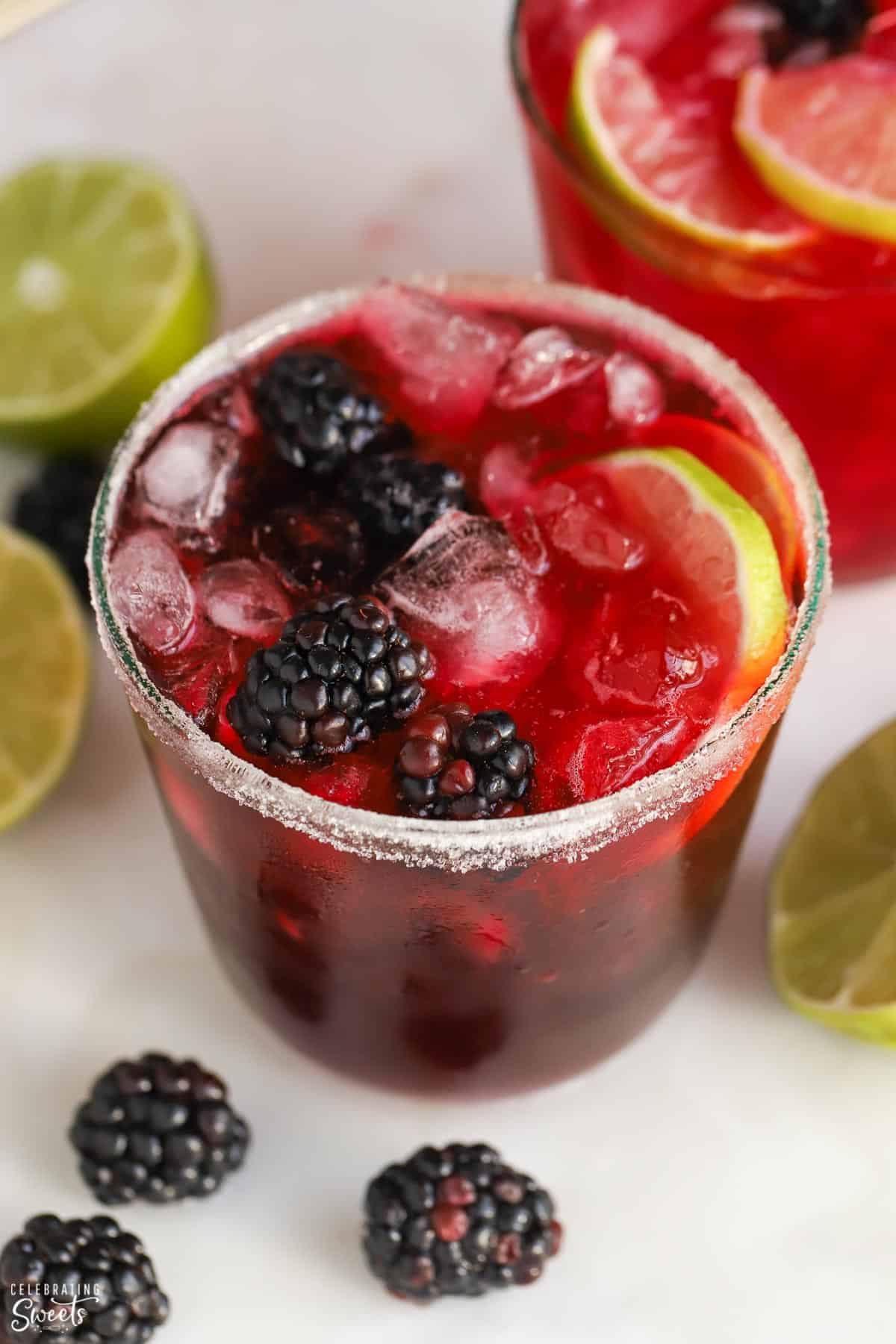 Closeup of a of blackberry lime margarita