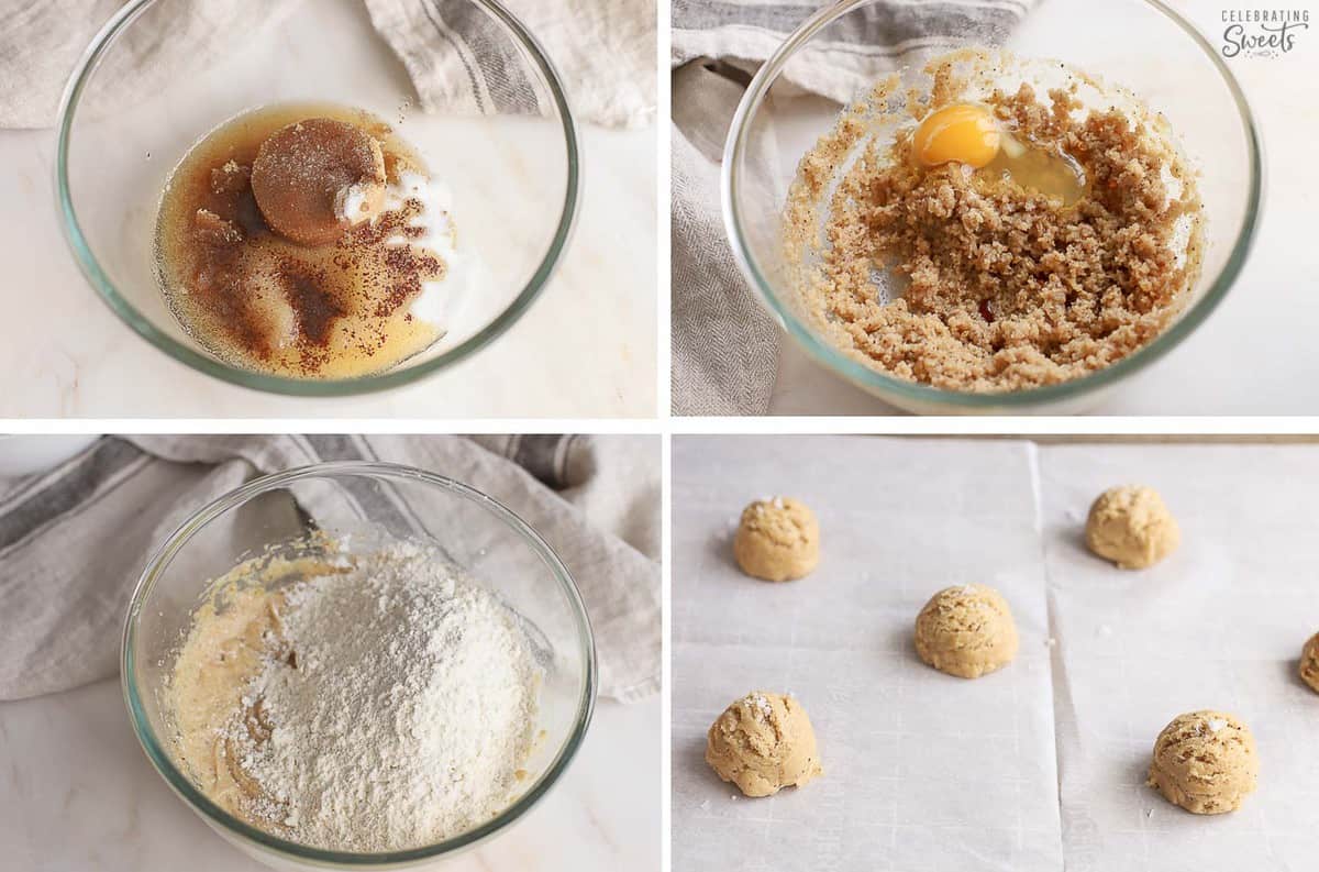 Collage of steps for making brown butter cookies.