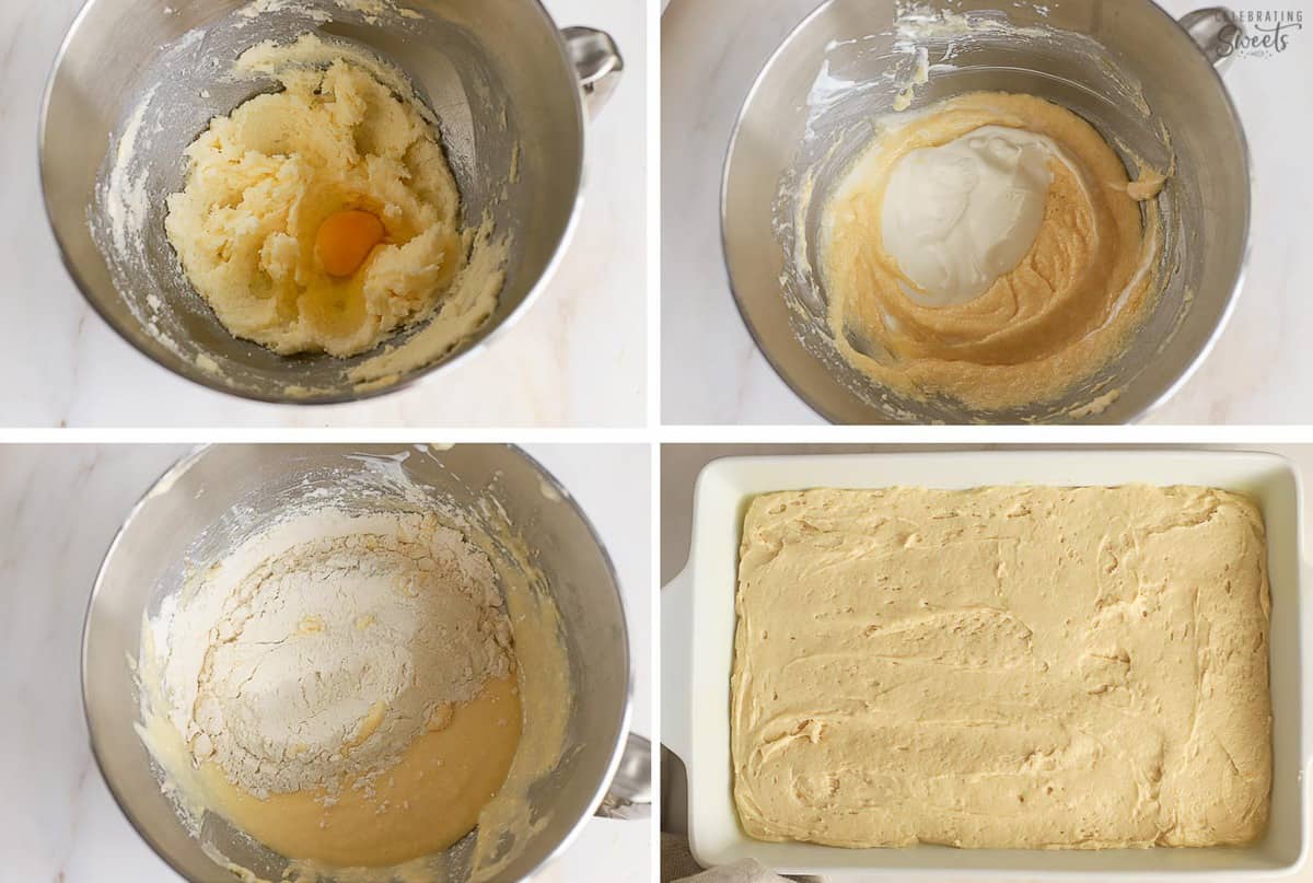 Collage of cake batter in a bowl and a baking pan,