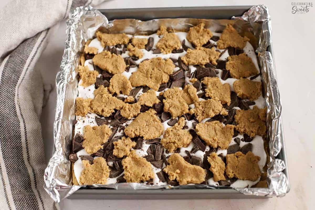 Smores bars in a square pan,