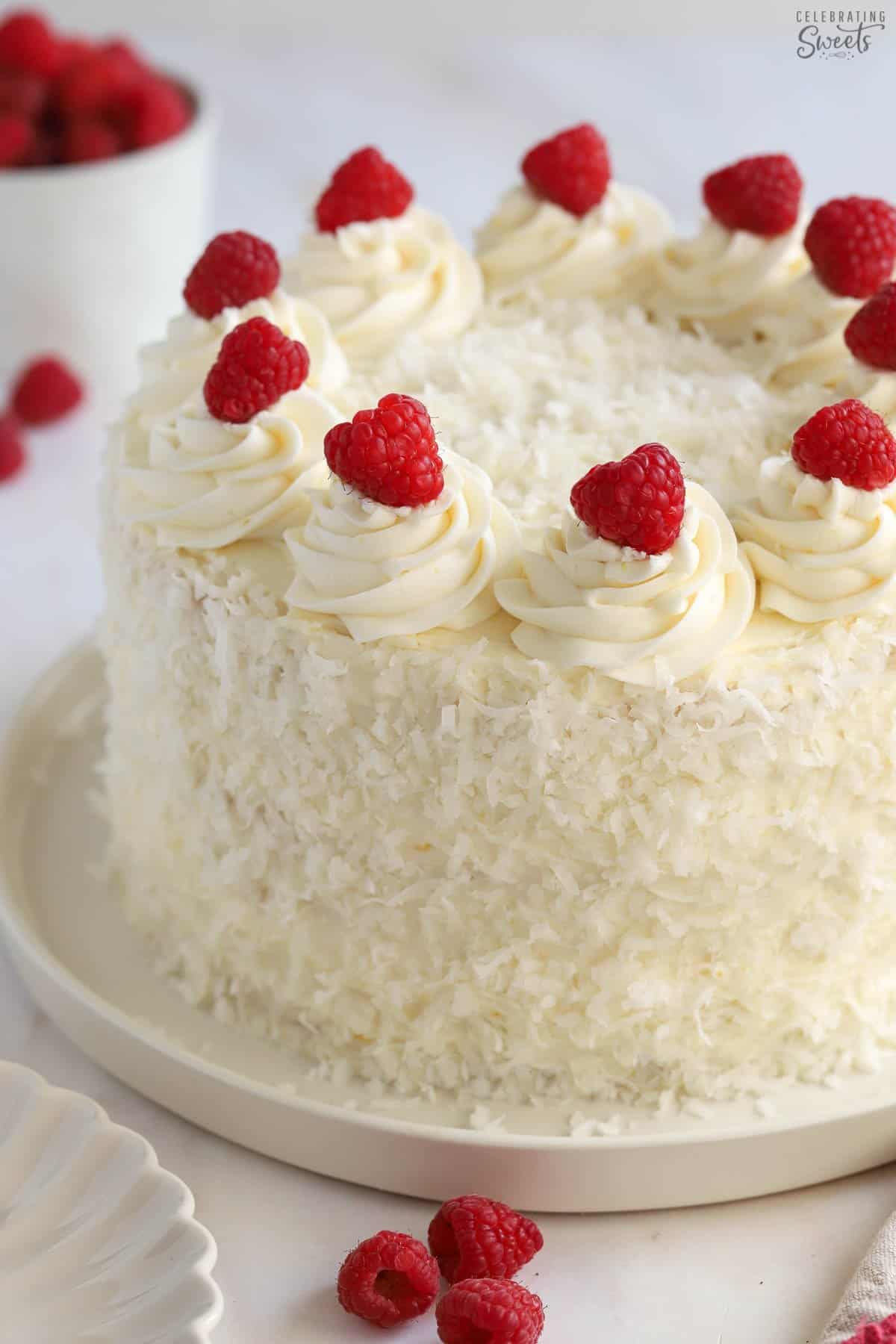 White layer cake covered in coconut and topped with raspberries.