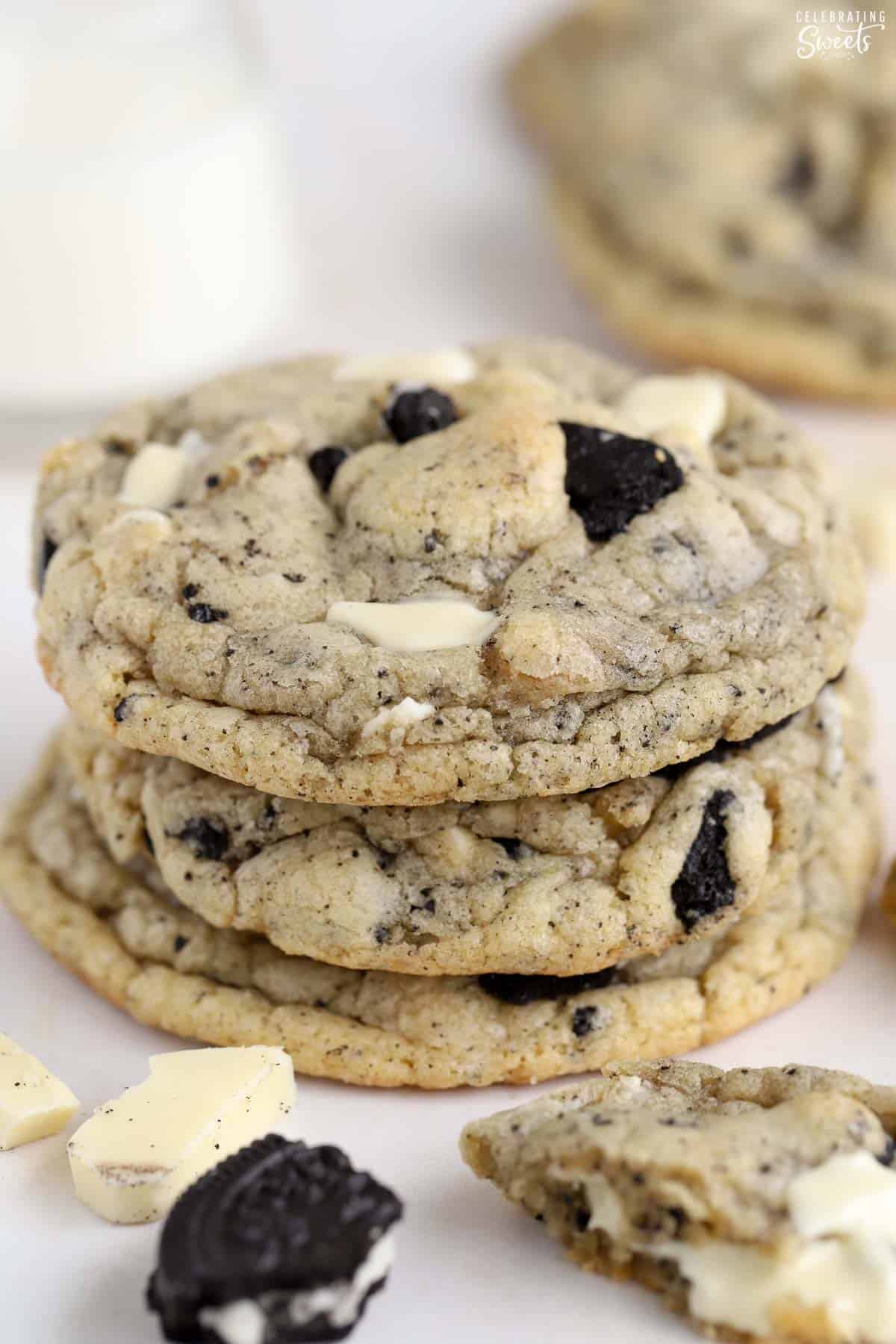 Stack of cookies and cream cookies.