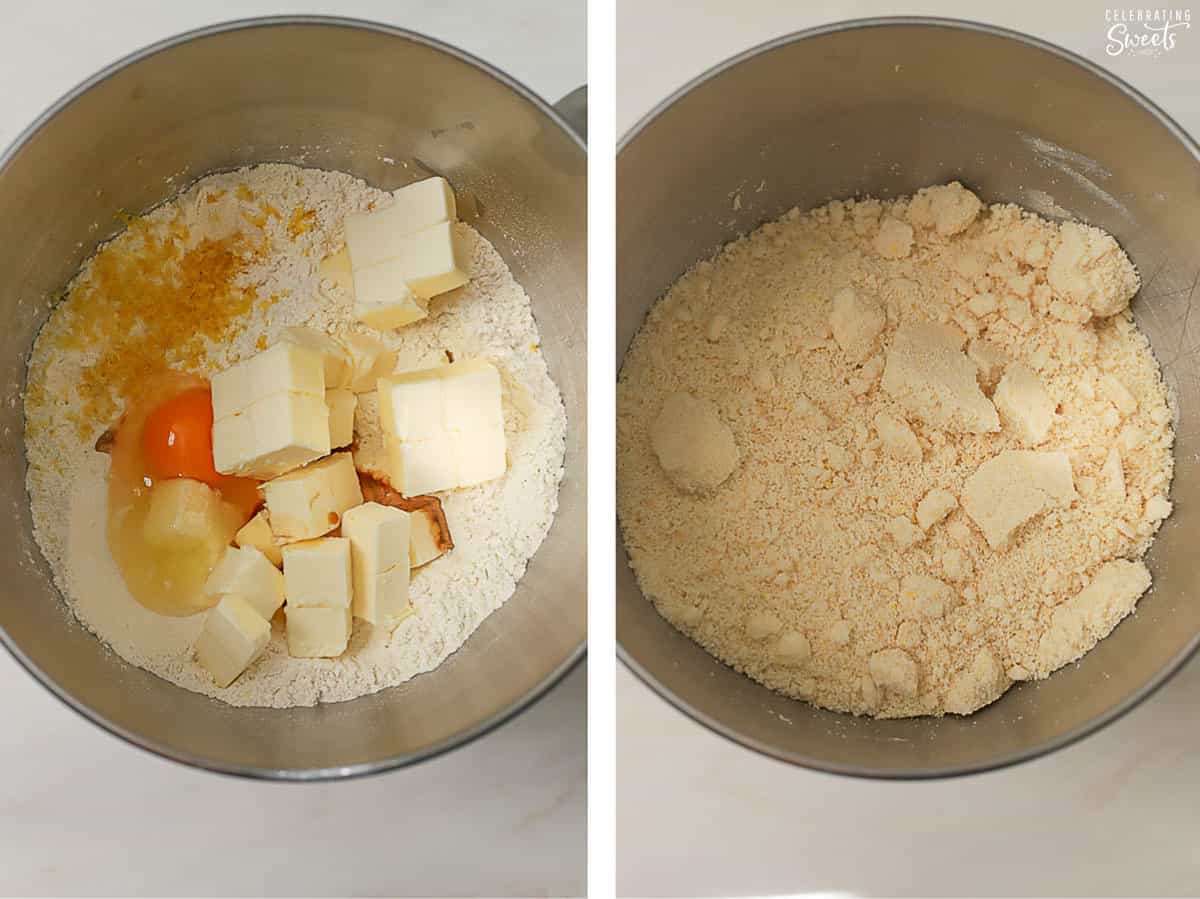 Butter, egg, flour in a stainless bowl.