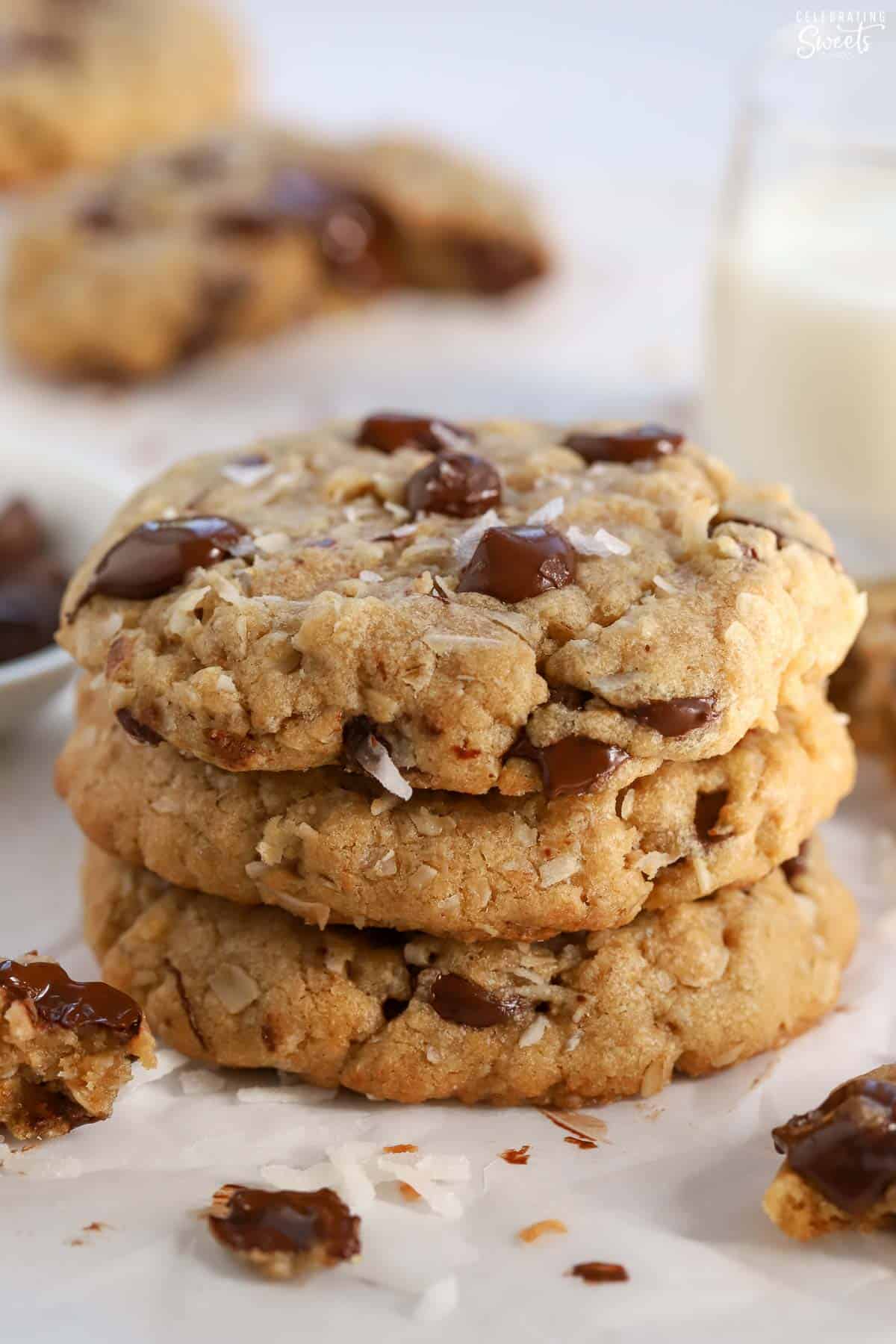 Stack of oatmeal coconut chocolate chip cookies.