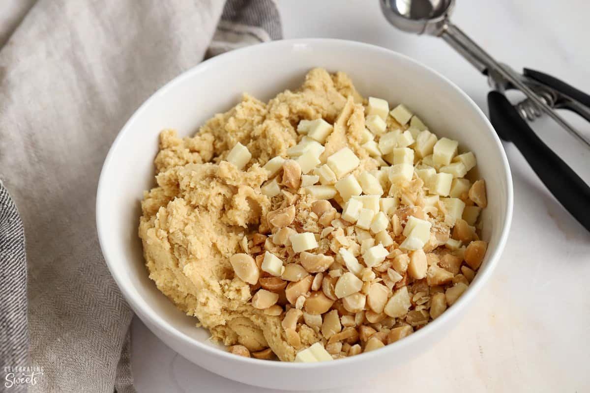 Cookie dough with white chocolate and macadamia nuts.