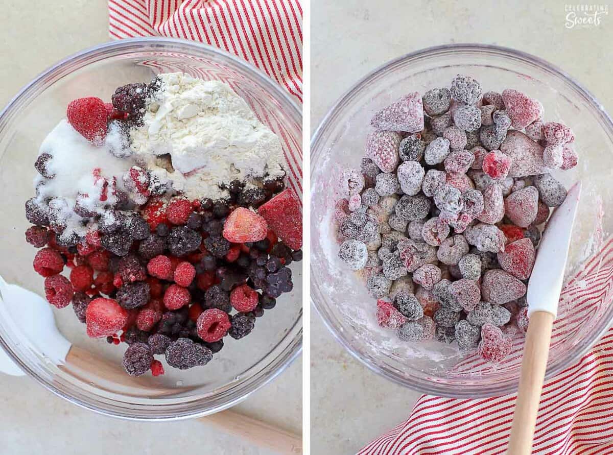 Frozen berries, flour, and sugar in a glass bowl.