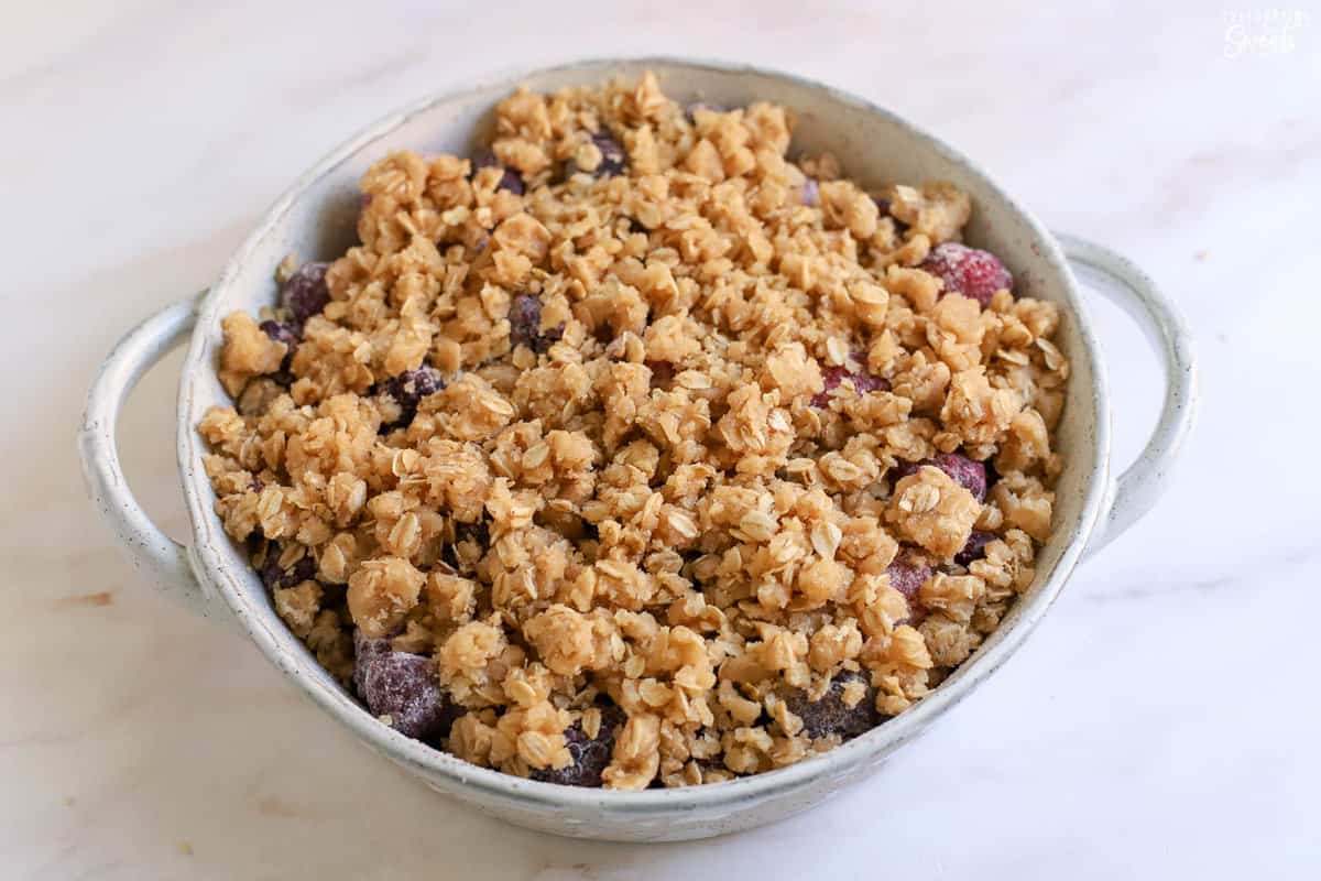 Berry Crisp in a baking dish.