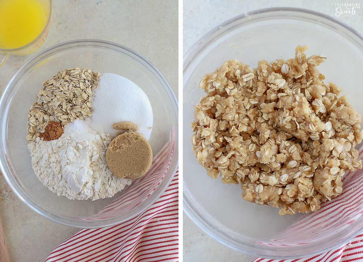 Fruit crisp topping in a glass bowl.