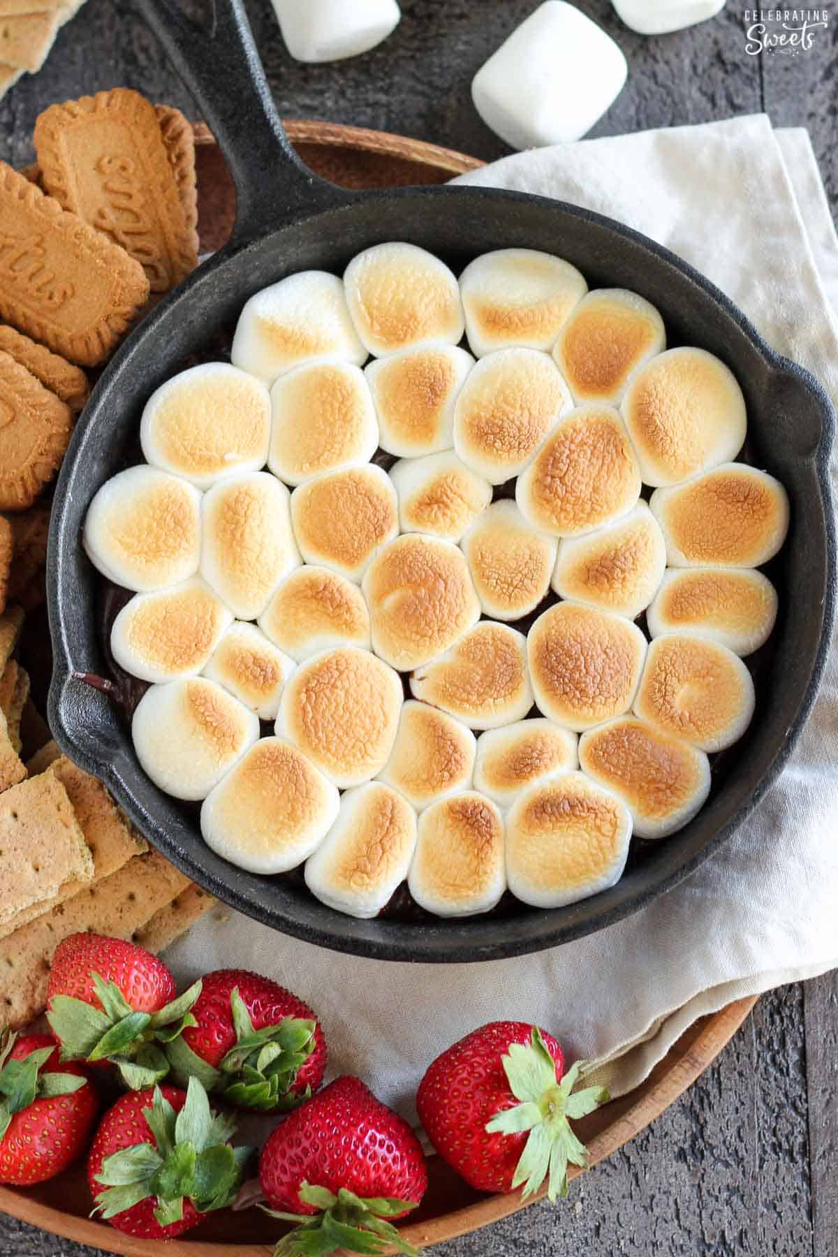 S'mores dip in a cast iron skillet.