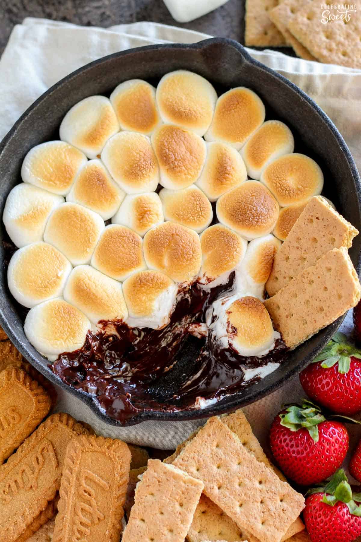 S'mores dip in a cast iron skillet.