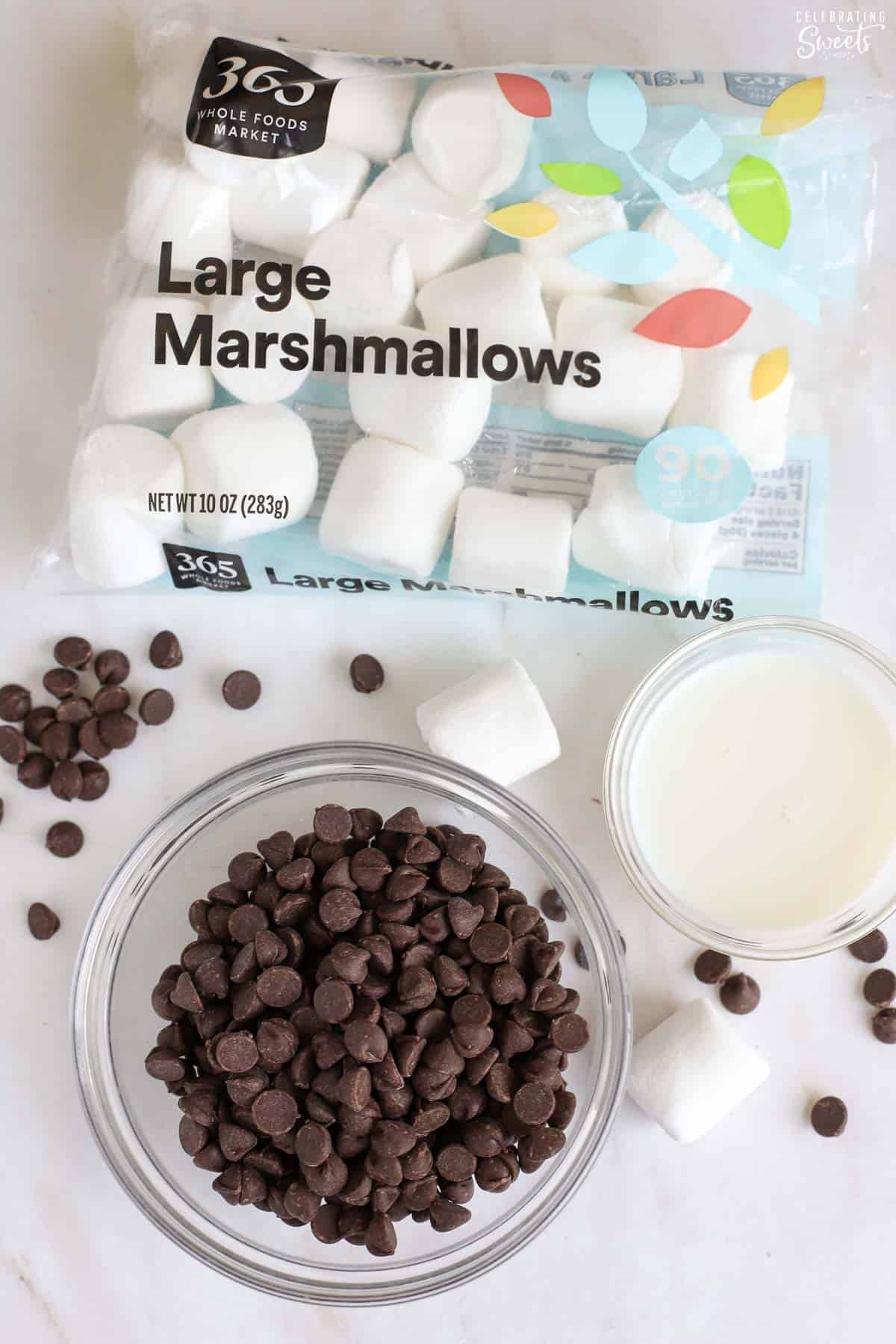 Milk, chocolate chips, and marshmallows.