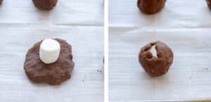 Collage of chocolate cookie dough with marshmallows inside