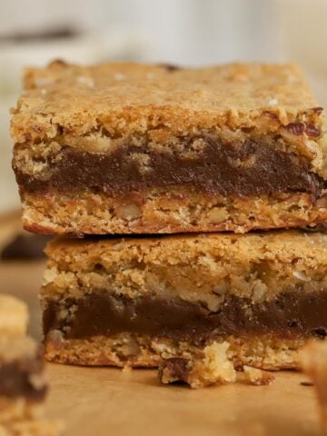 Closeup of two fudge stuffed blondies.