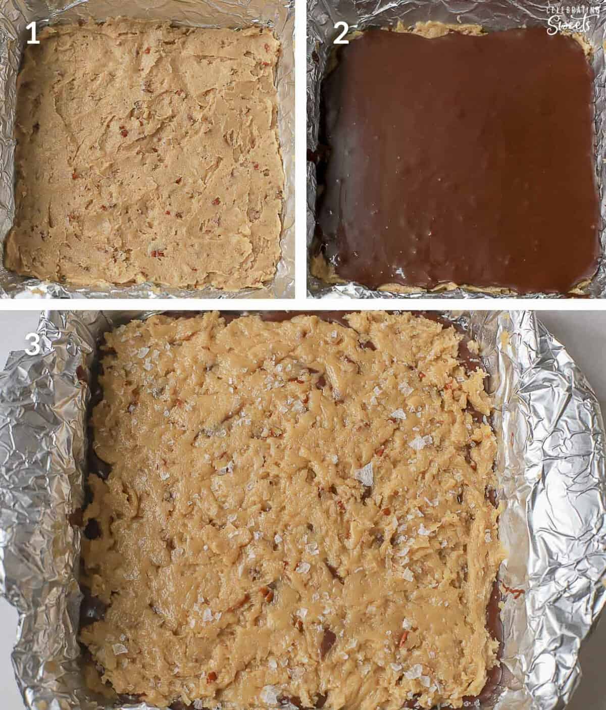 Collage of blondie and brownie batter in a foil lined pan.