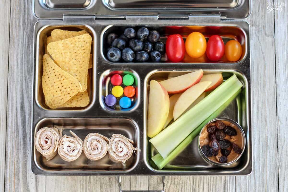 Lunchbox filled with turkey roll ups, celery, nut butter, fruit, and chips.