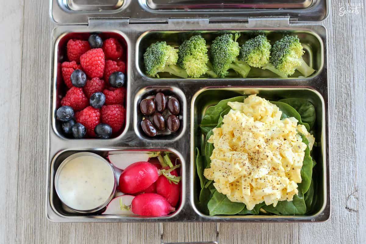 Lunchbox filled with egg salad, fruit broccoli, and radishes.