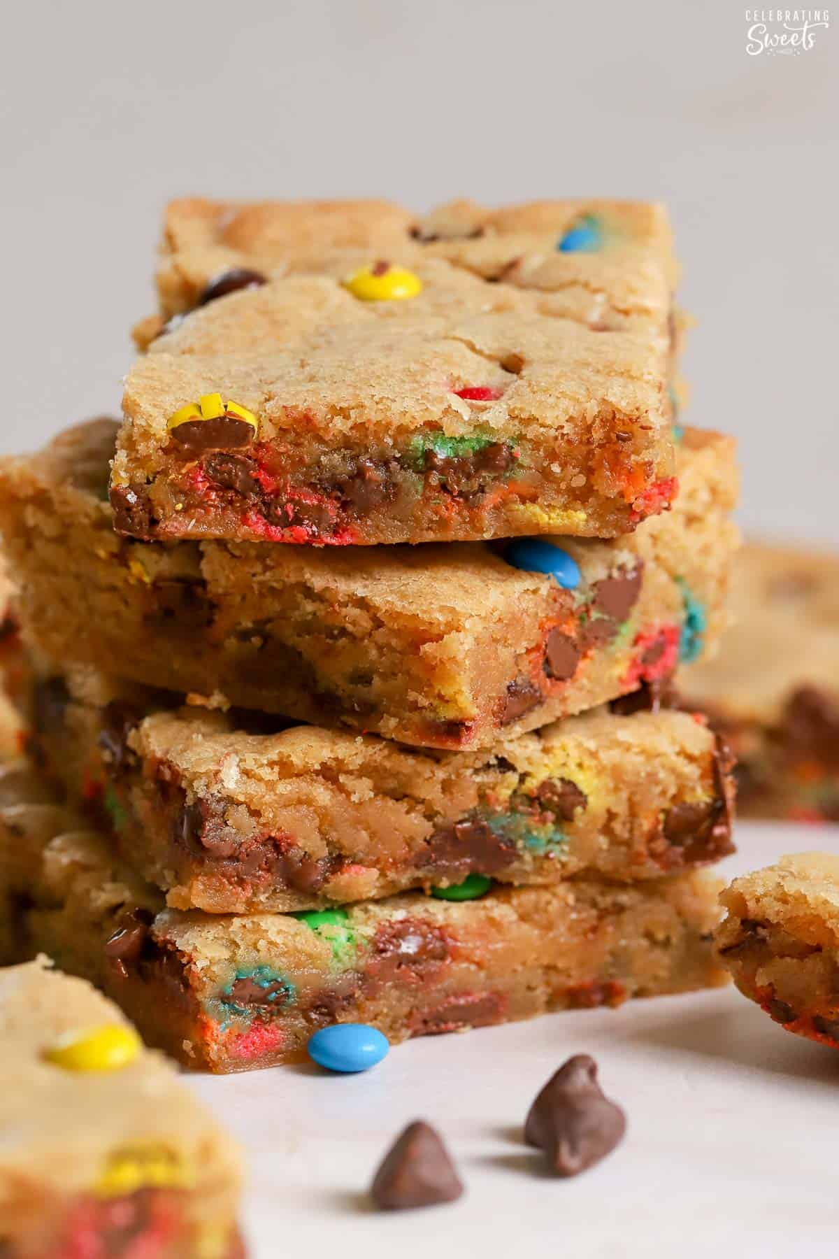Stack of four M&M Cookie Bars.