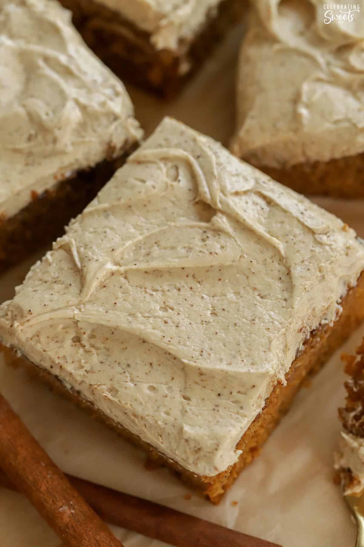 Overhead slice of cake topped with espresso frosting.