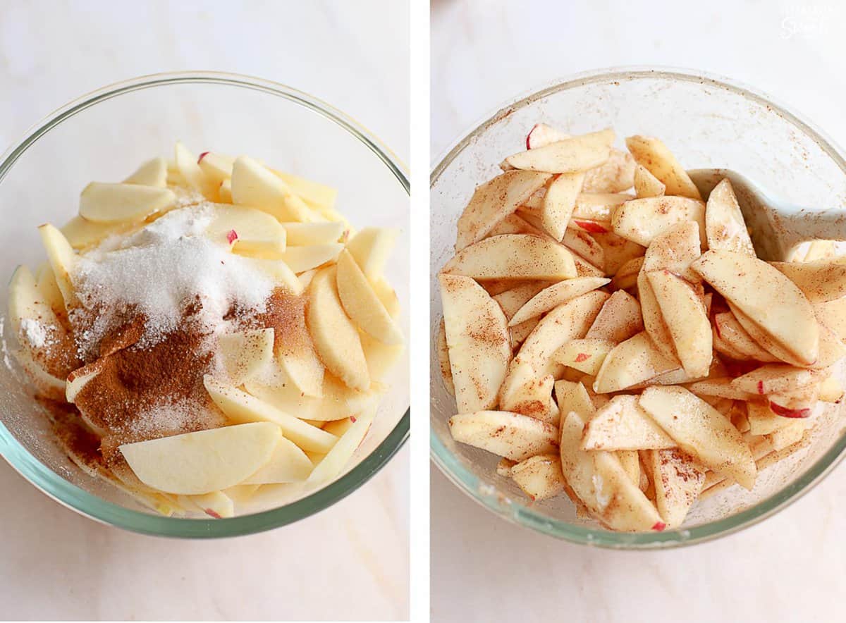 Sliced apples, cinnamon, and sugar in a glass bowl.