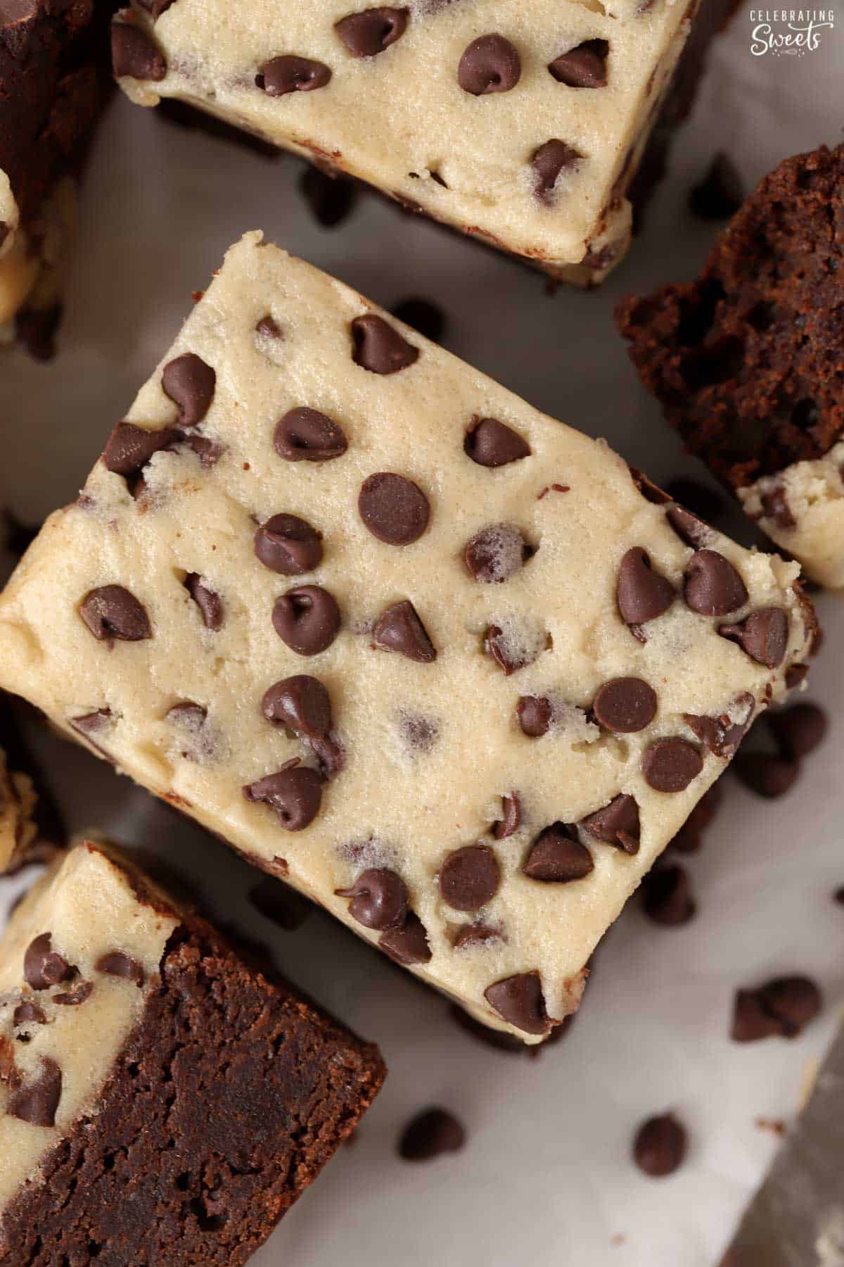 Closeup of a cookie dough topped brownie.