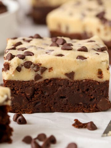 Closeup of a cookie dough topped brownie.