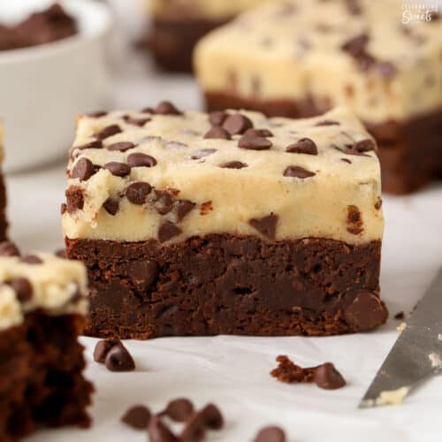 Closeup of a cookie dough topped brownie.