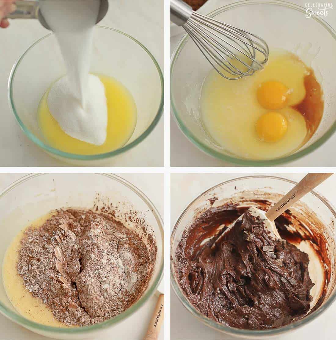 Four photo collage of brownie batter in a glass bowl.