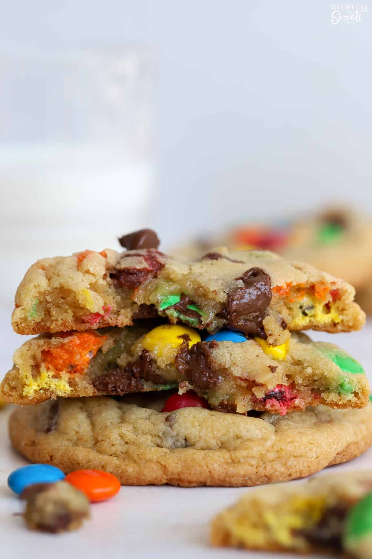 Stack of M&M chocolate chip cookies.