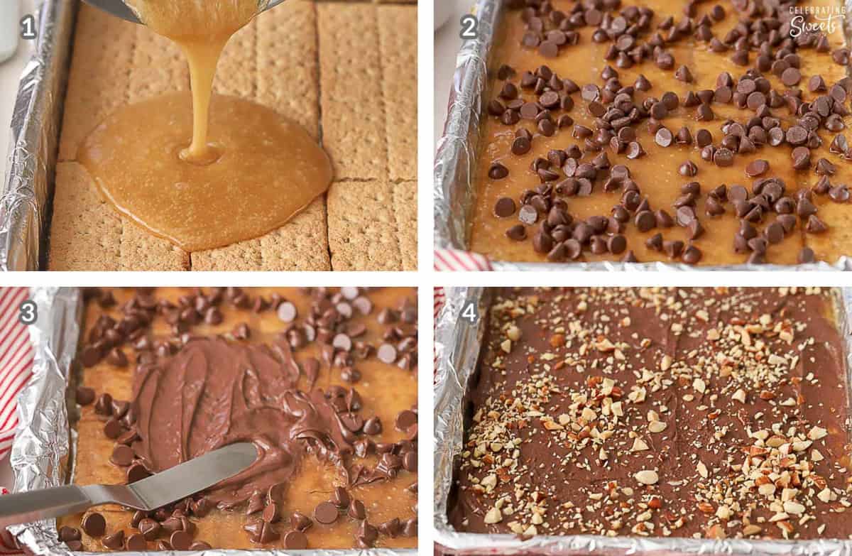 Step by step photo collage making graham cracker toffee on a foil-lined baking sheet.