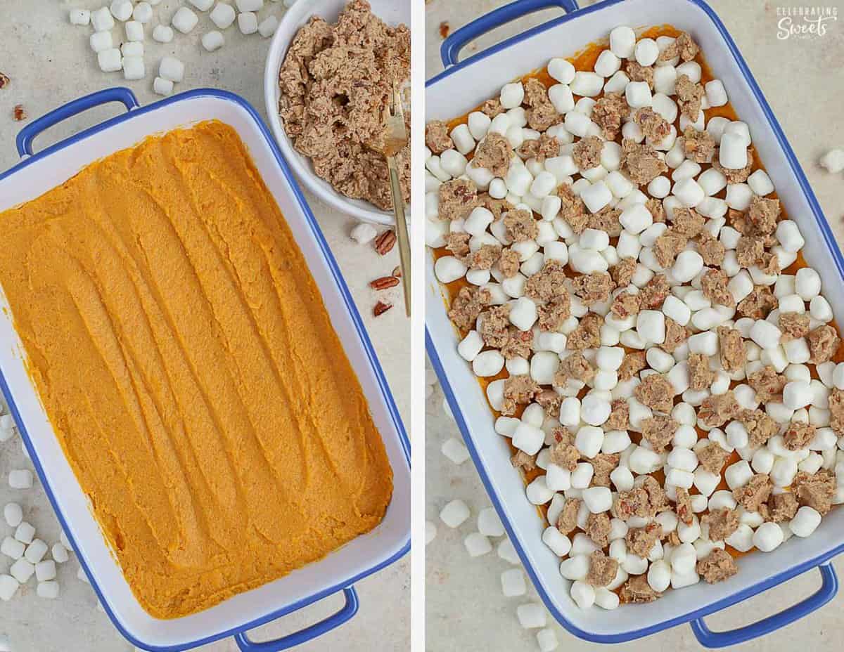 Collage of sweet potato casserole in a baking dish.