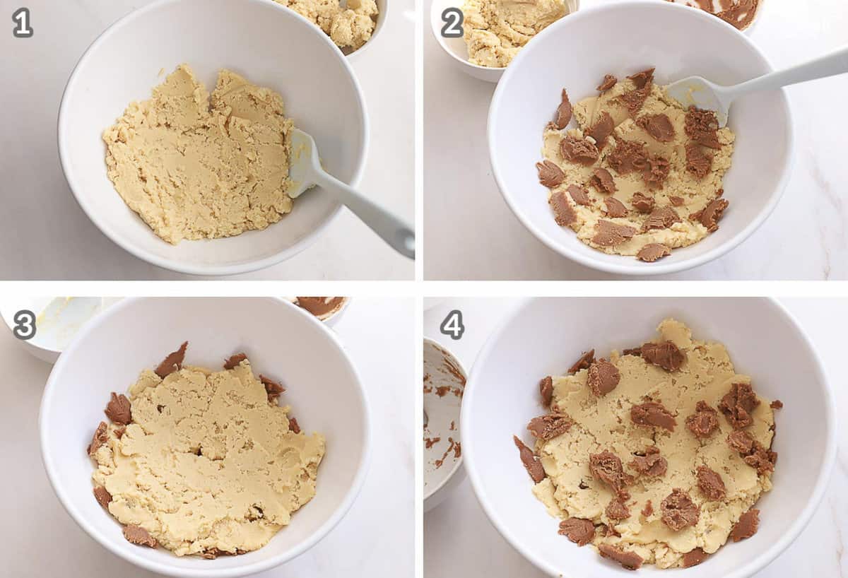 Step by step cinnamon roll cookie dough in a white bowl.