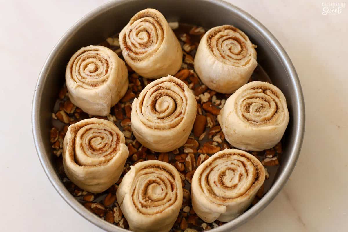 Unbaked sticky buns in a round baking pan with pecans.