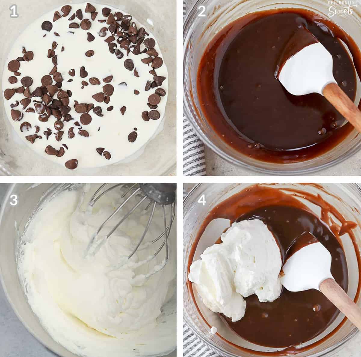 Step by step collage of how to make chocolate mousse: chocolate chips and cream in a glass bowl.