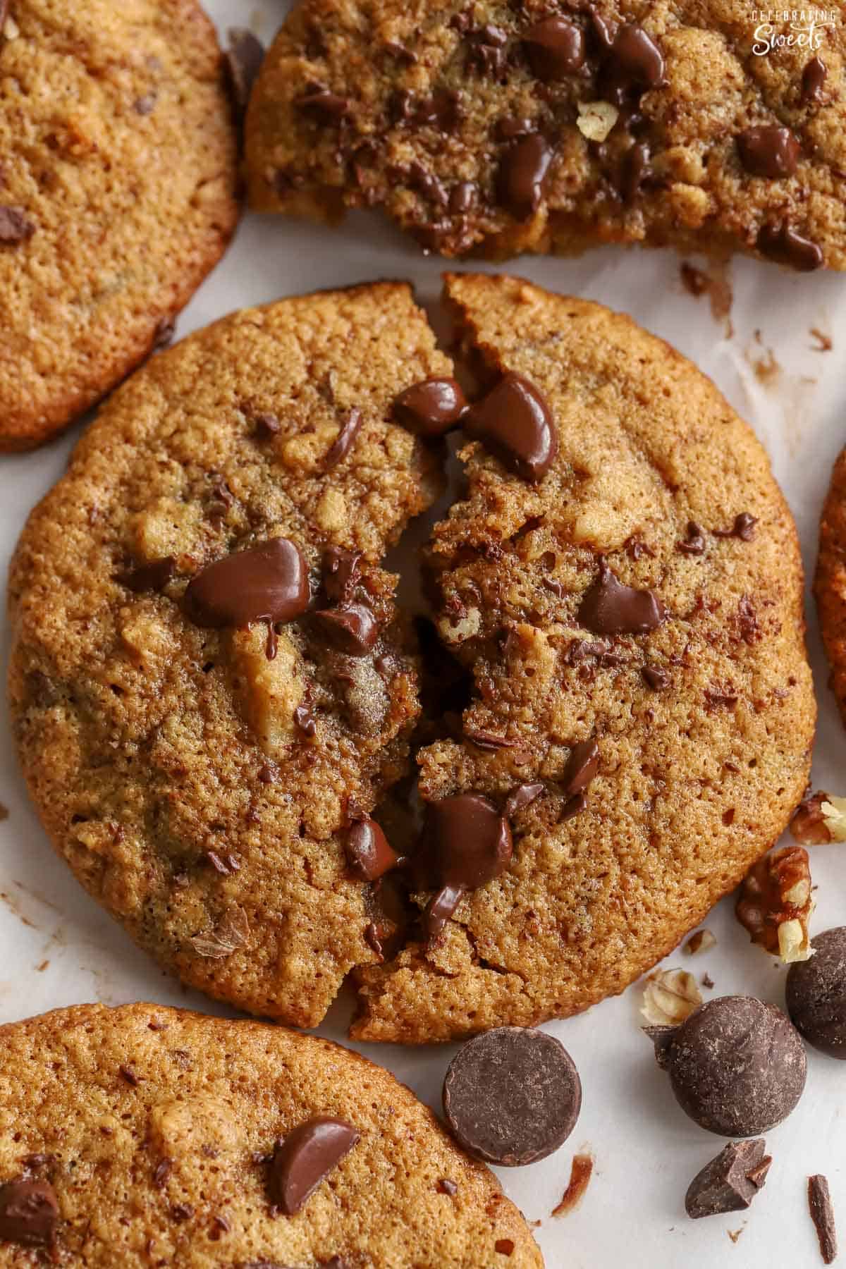 Healthy chocolate chip cookie split in half.