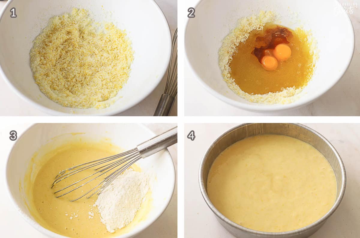 Collage of four photos showing the batter for a lemon olive oil cake.