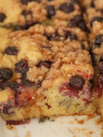 Blueberry Pancake Casserole in a white baking dish.