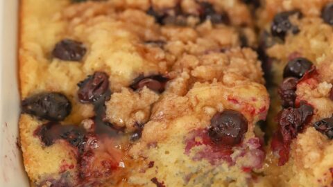 Blueberry Pancake Casserole in a white baking dish.