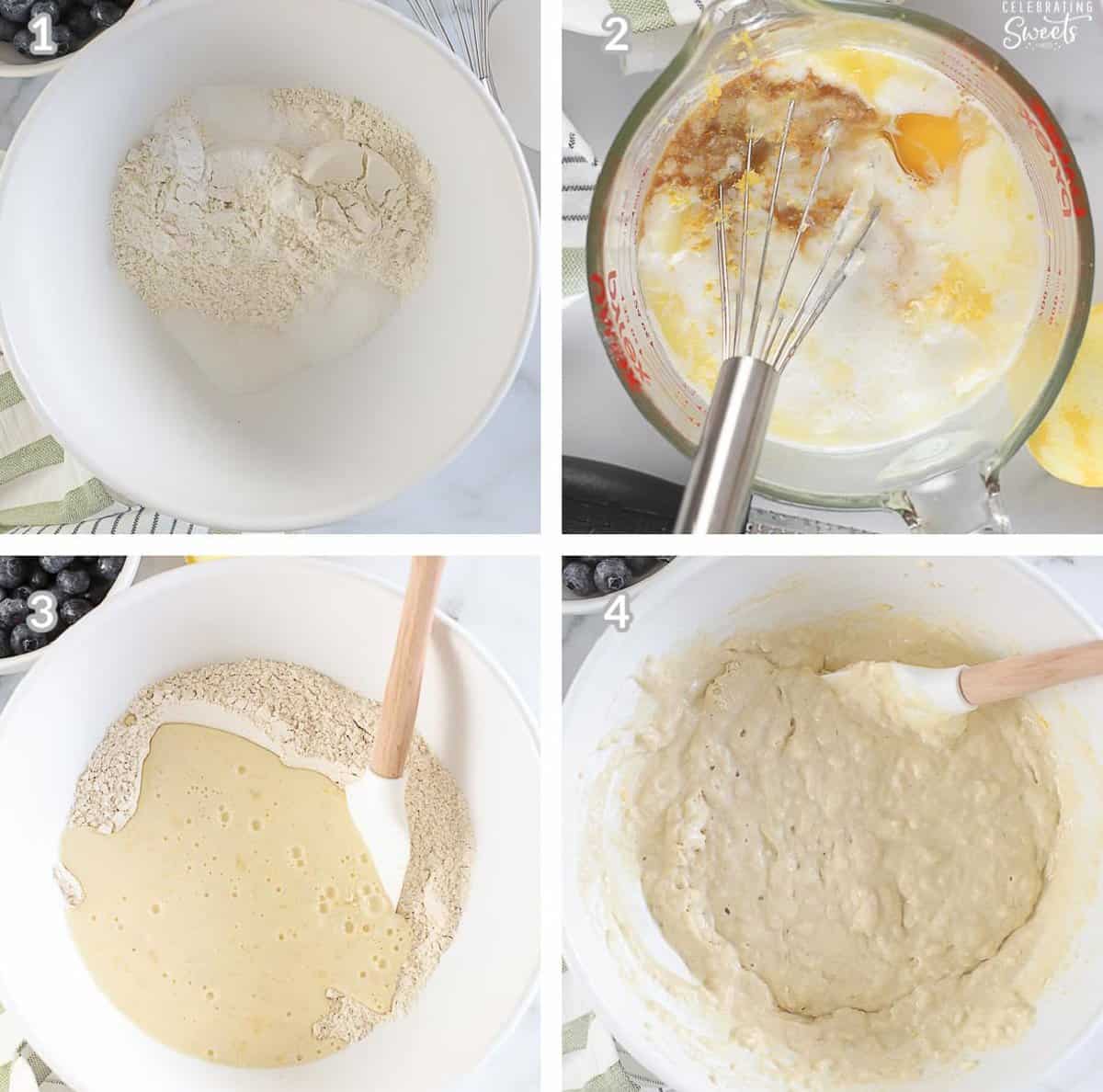 Collage of pancake batter in a white bowl.