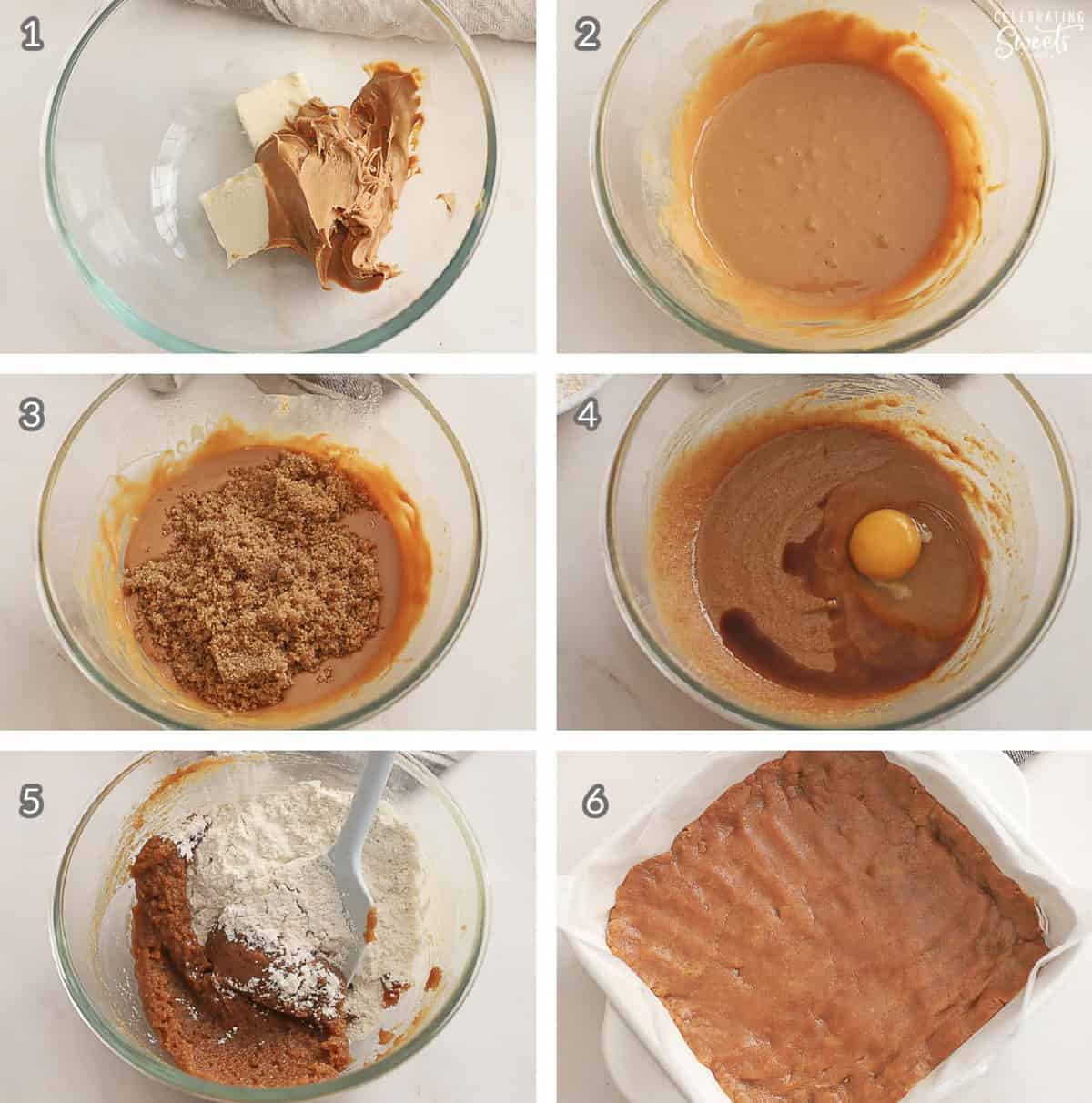 Collage of peanut butter bars being made (batter in a bowl and in a baking pan).