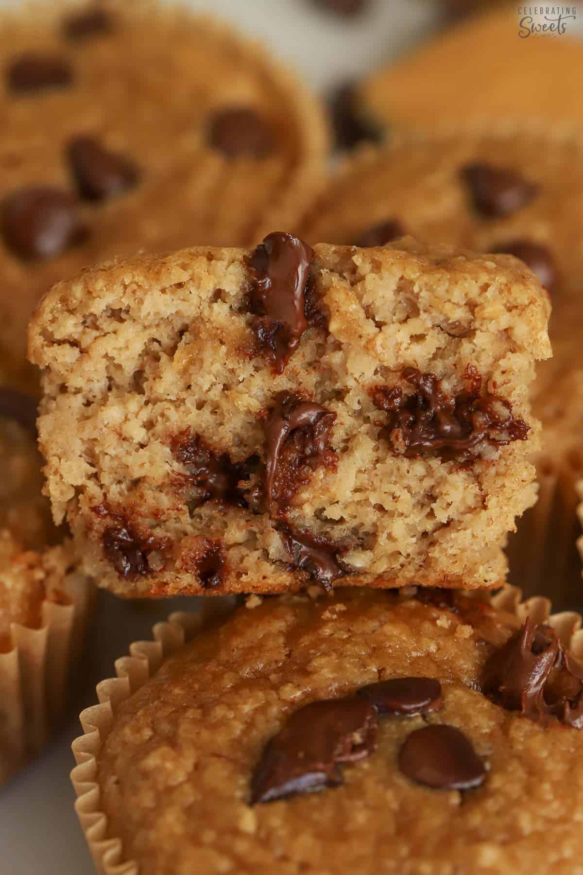 Closeup of a banana oatmeal muffin with chocolate chips in it.